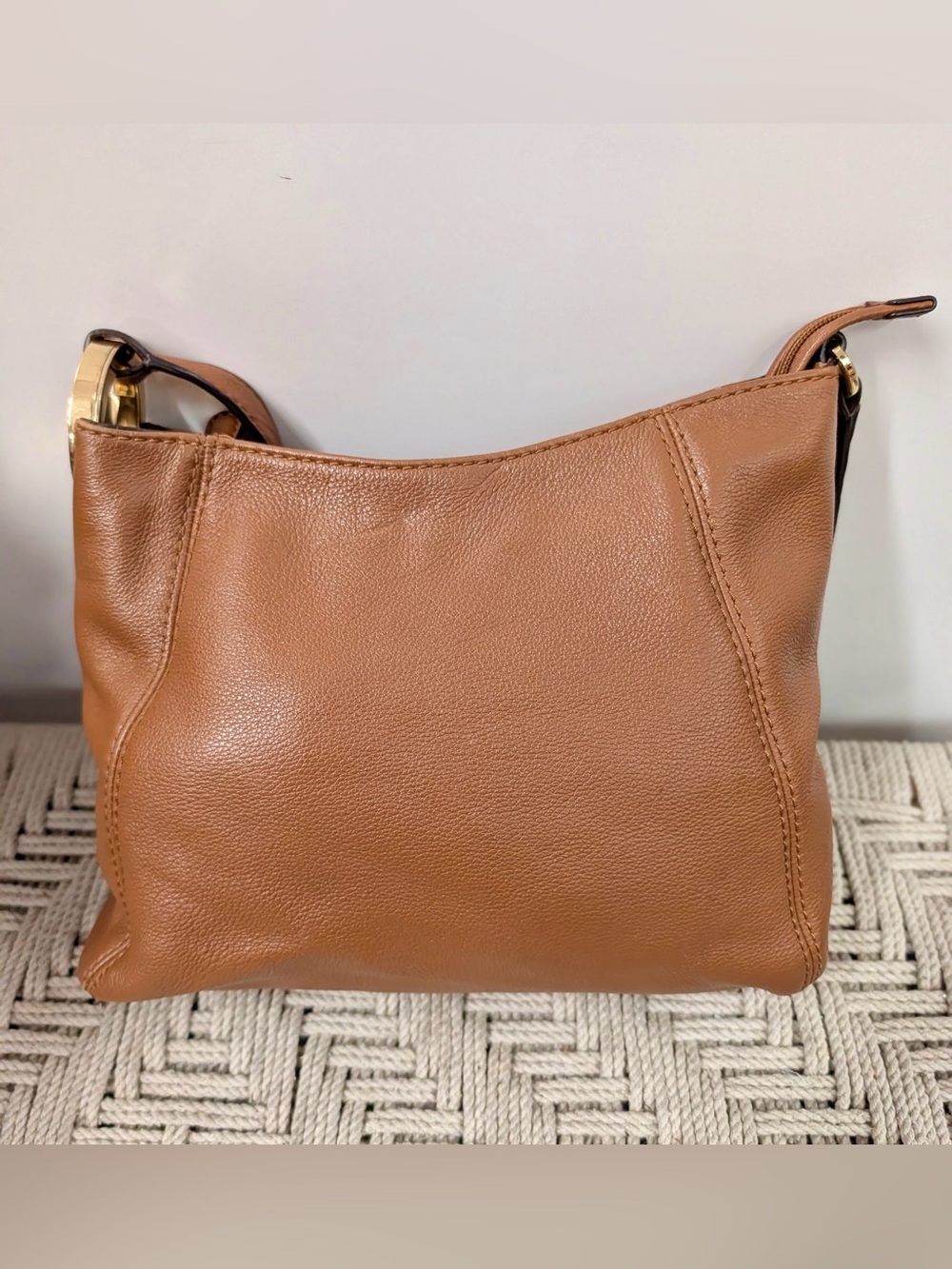 Michael Kors Cognac Pebbled Leather Crossbody Bag Gold MK Logo Adjustable Strap - Picture 7 of 9